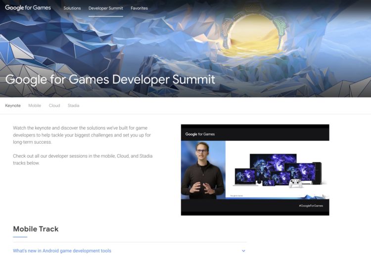 Screenshot of Google for Games Developer Summit event webpage